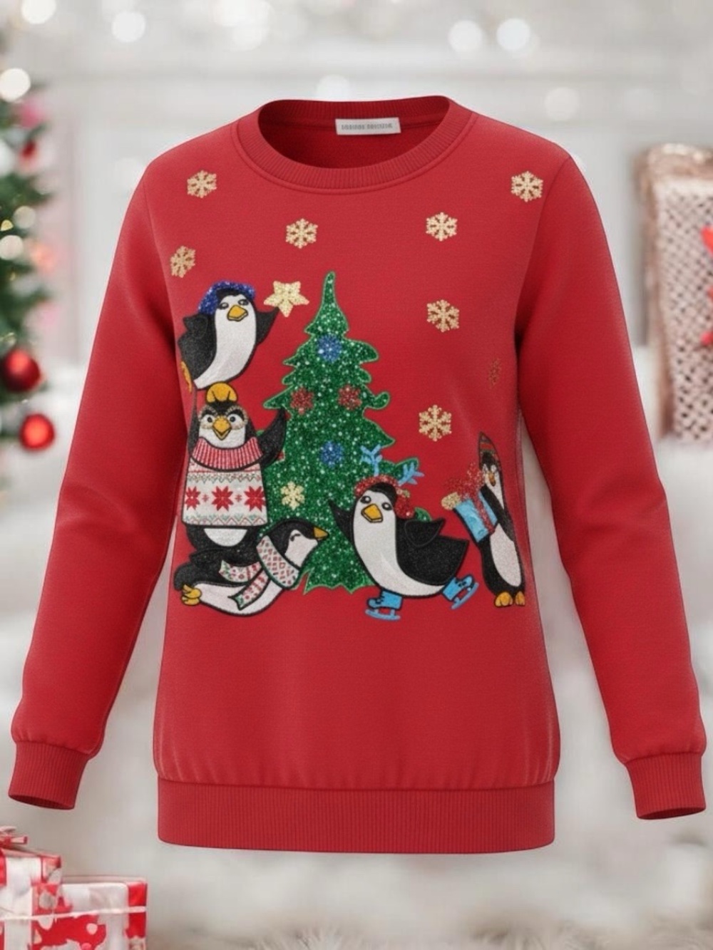 Festive Red Penguin Christmas Shirt girls size L 10-12 Celebrate Together